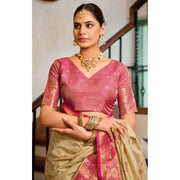 Women's Silk Blend Booti Work Ready to wear Saree With Unstitched Blouse 5.5Mtr (LightBeige)