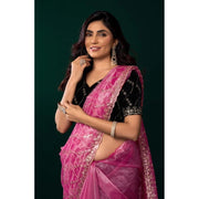 Women's Net Sequence Saree With Unstitched Blouse 5.5Mtr (Light Pink)