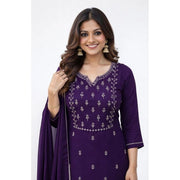 Women's Georgette Ethnic Motif Round 3/4th Sleeve Kurti With Pant Dupatta Set (Purple)