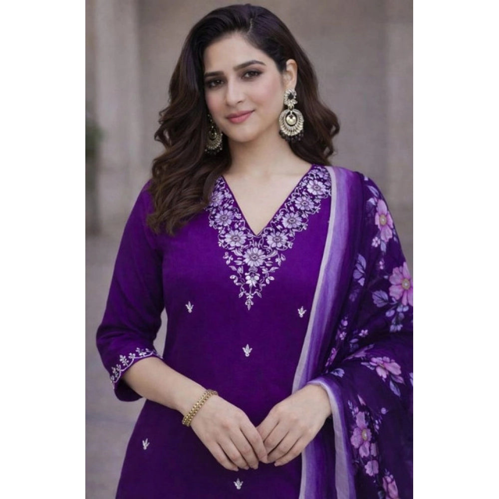 Women's Chanderi Silk Ethnic Motif V-Neck 3/4th Sleeve Kurti With Pant Dupatta Set (Purple)
