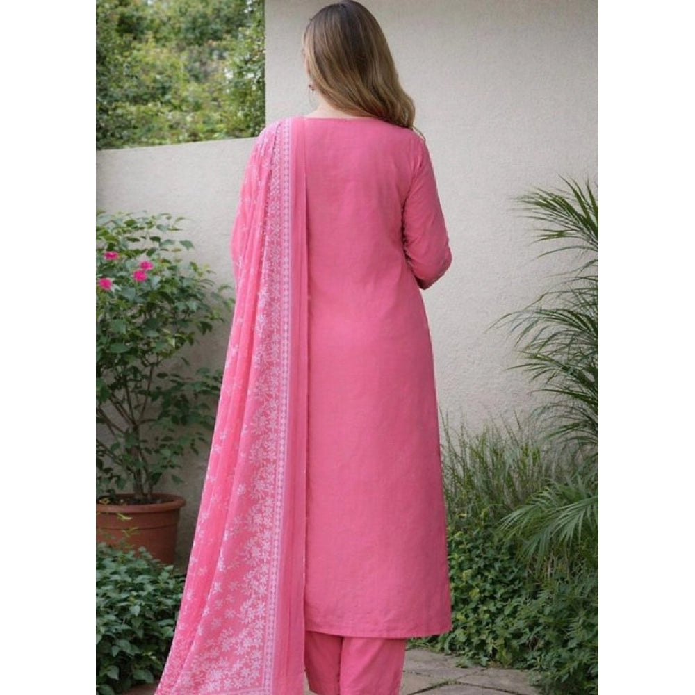 Women's Chanderi Silk Ethnic Motif Round 3/4th Sleeve Kurti With Pant Dupatta Set (Pink)