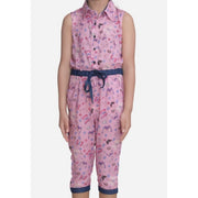Girl's Cotton Printed Sleeveless Jumpsuit (Pink)