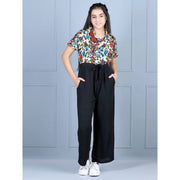 Girl's Polyester Printed Short Sleeves Jumpsuit (Multicolor-Black)