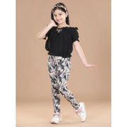 Girl's Cotton Floral Elasticated Jegging and Top Set (Black)