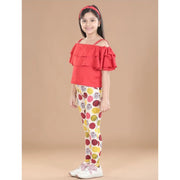 Girl's Cotton Floral Elasticated Jegging and Top Set (Red)