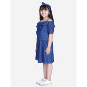 Girl's Denim Solid Cold Shoulder Top and Skirt Set (Navy Blue)