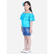 Girl's Rayon Solid Cold Shoulder Top with Shorts (Blue)