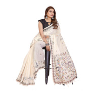 Women's Linen Cotton Printed Saree With Unstitched Blouse 5.5Mtr (Off White)