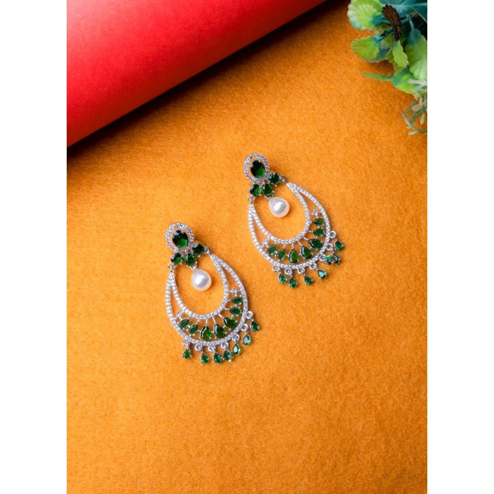 Women's Brass Silver Plated Chandbali Earrings (Green)