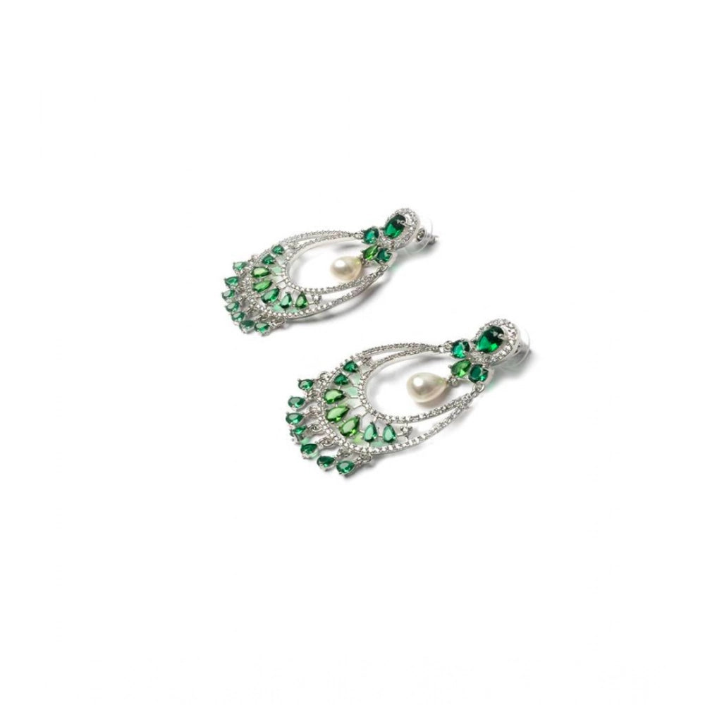 Women's Brass Silver Plated Chandbali Earrings (Green)