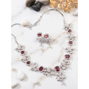 Women's Brass Silver Plated Necklace set (Red)