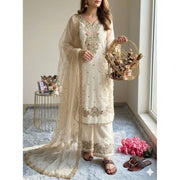 Women's Silk Embroidered 3/4th Sleeve Round Kurti With Palazzo Pant and Dupatta Set (White)