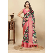 Women's Cotton Silk Floral Printed Saree With Unstitched Blouse 5.5Mtr (Black)