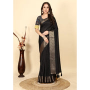 Women's Cotton Blend Checkered Saree With Unstitched Blouse 5.5Mtr (Black)