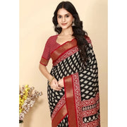 Women's Cotton Silk Printed Saree With Unstitched Blouse 5.5Mtr (Black)