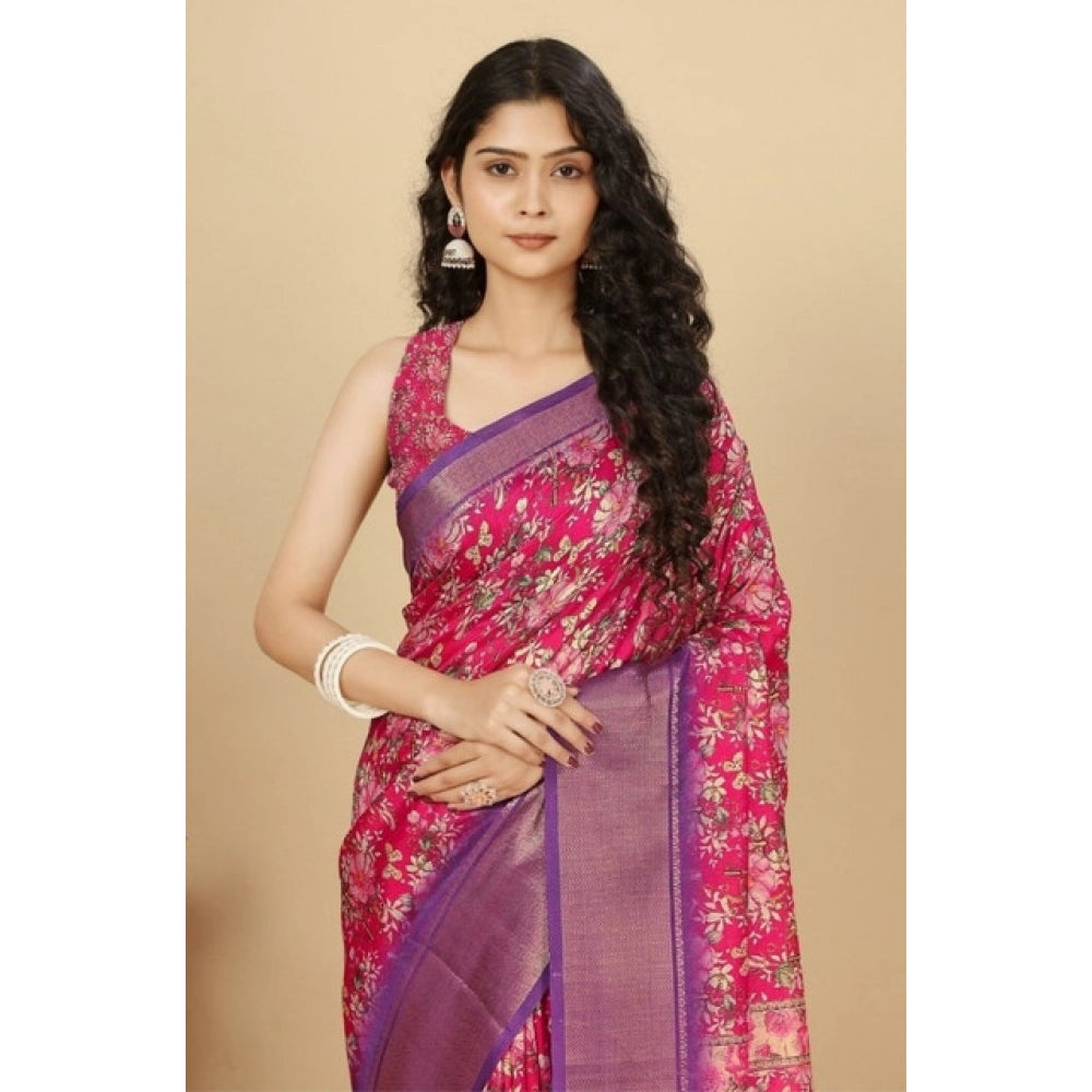 Women's Cotton Silk Floral Printed Saree With Unstitched Blouse 5.5Mtr (Pink)