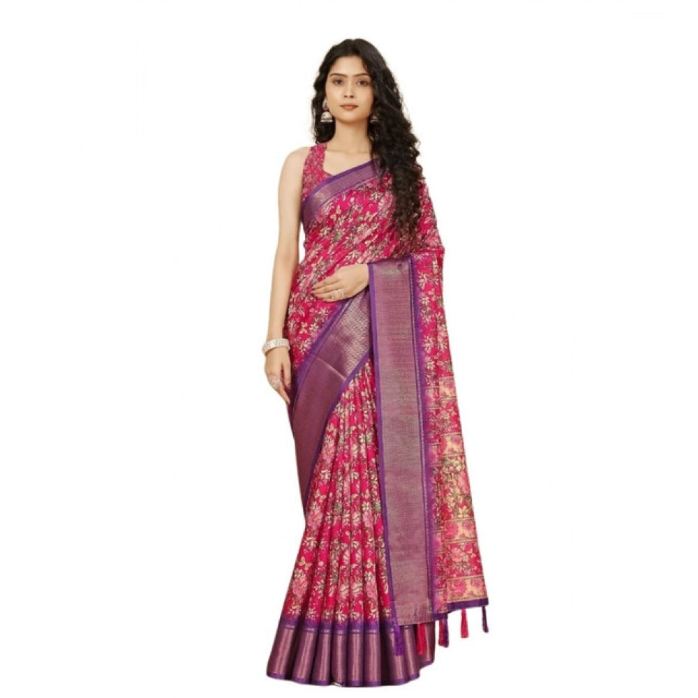 Women's Cotton Silk Floral Printed Saree With Unstitched Blouse 5.5Mtr (Pink)