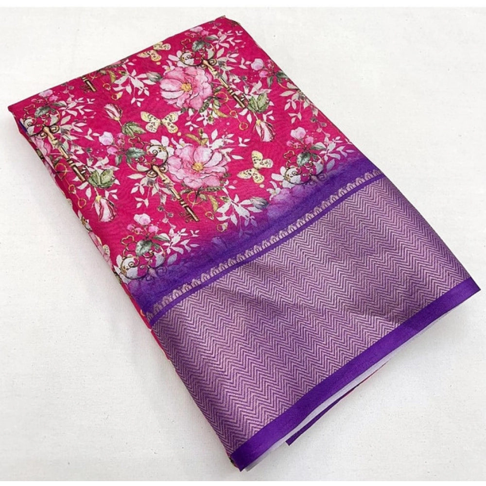 Women's Cotton Silk Floral Printed Saree With Unstitched Blouse 5.5Mtr (Pink)