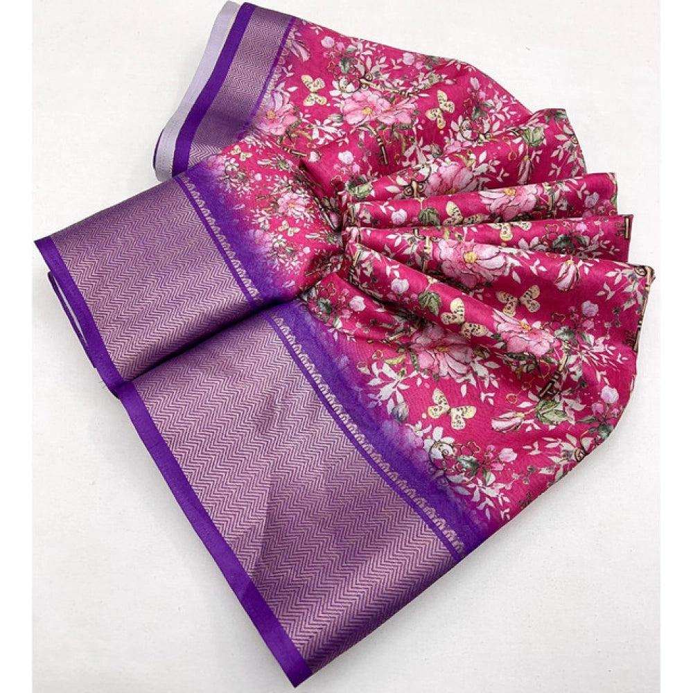 Women's Cotton Silk Floral Printed Saree With Unstitched Blouse 5.5Mtr (Pink)