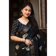 Women's Cotton Silk Printed Saree With Unstitched Blouse 5.5Mtr (Black)