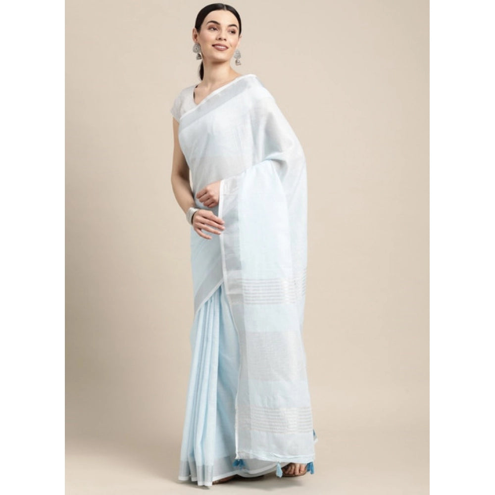 Women's Linen Cotton Striped Saree With Unstitched Blouse 5.5Mtr (Sky Blue)