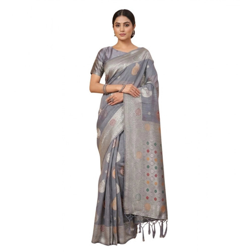 Women's Linen Cotton Printed Saree With Unstitched Blouse 5.5Mtr (Grey)