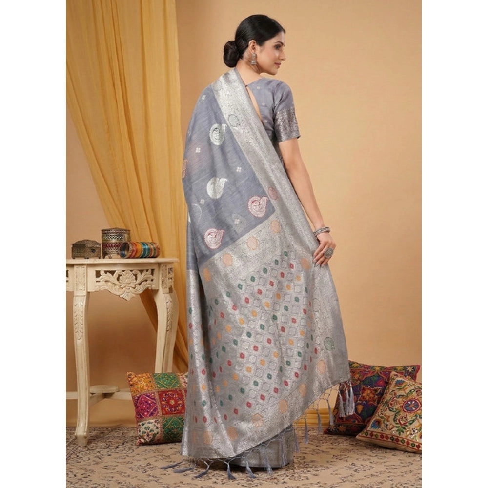 Women's Linen Cotton Printed Saree With Unstitched Blouse 5.5Mtr (Grey)