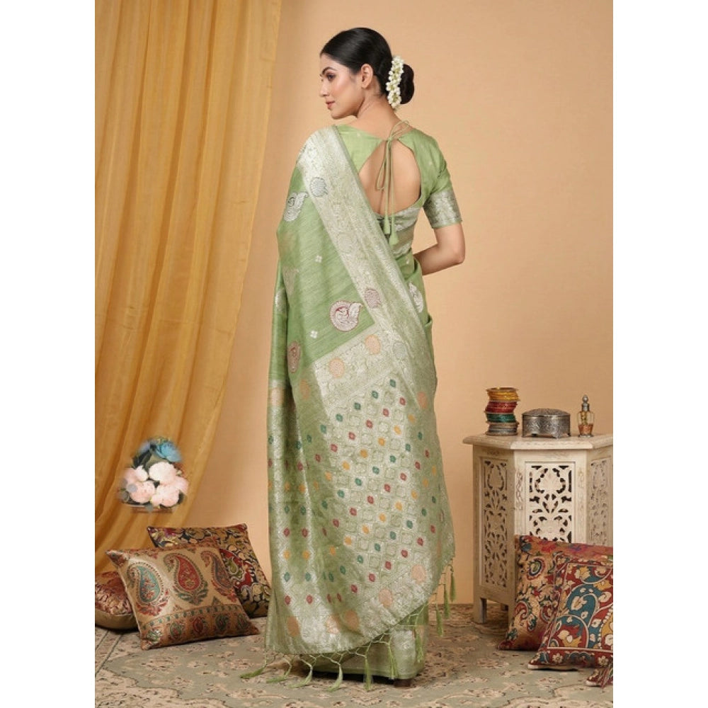 Women's Linen Cotton Printed Saree With Unstitched Blouse 5.5Mtr (Light Green)