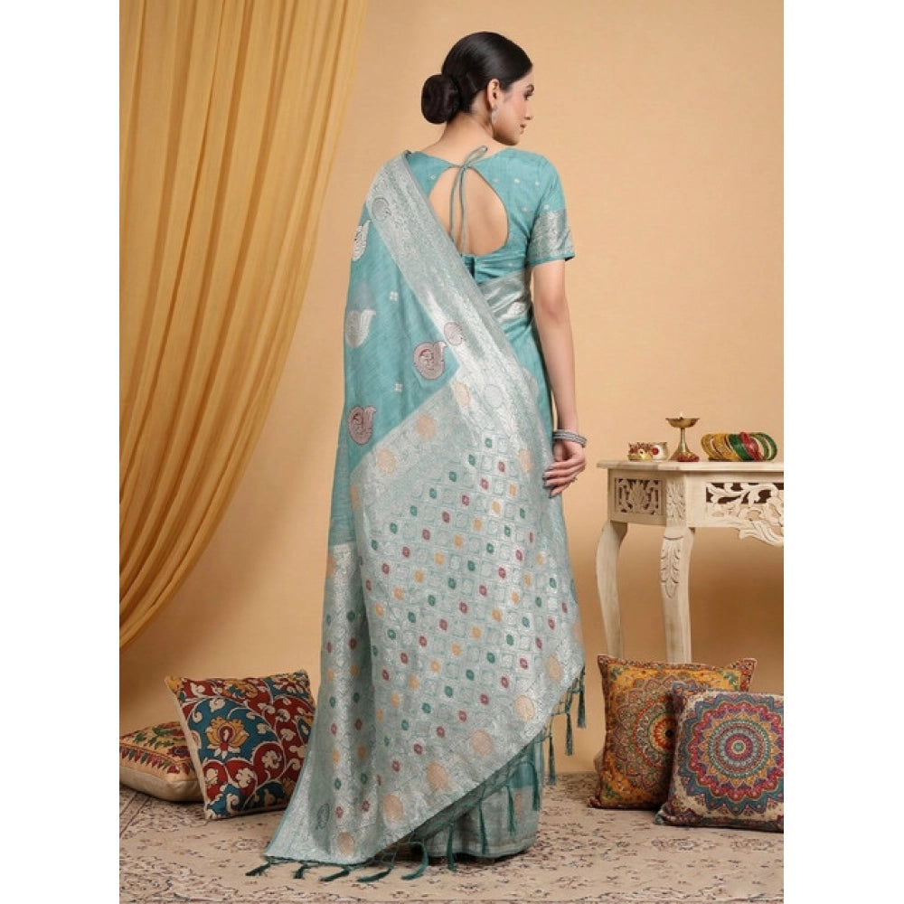 Women's Linen Cotton Printed Saree With Unstitched Blouse 5.5Mtr (Sea Green)