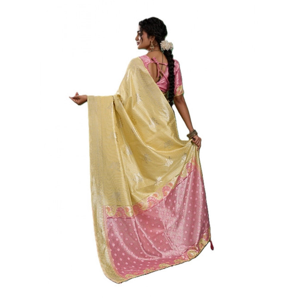 Women's Linen Cotton Printed Saree With Unstitched Blouse 5.5Mtr (Yellow )