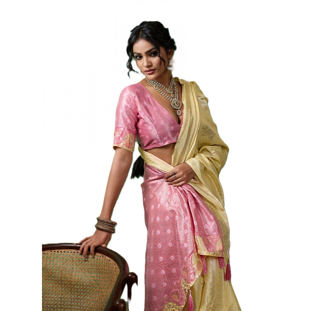 Women's Linen Cotton Printed Saree With Unstitched Blouse 5.5Mtr (Yellow )