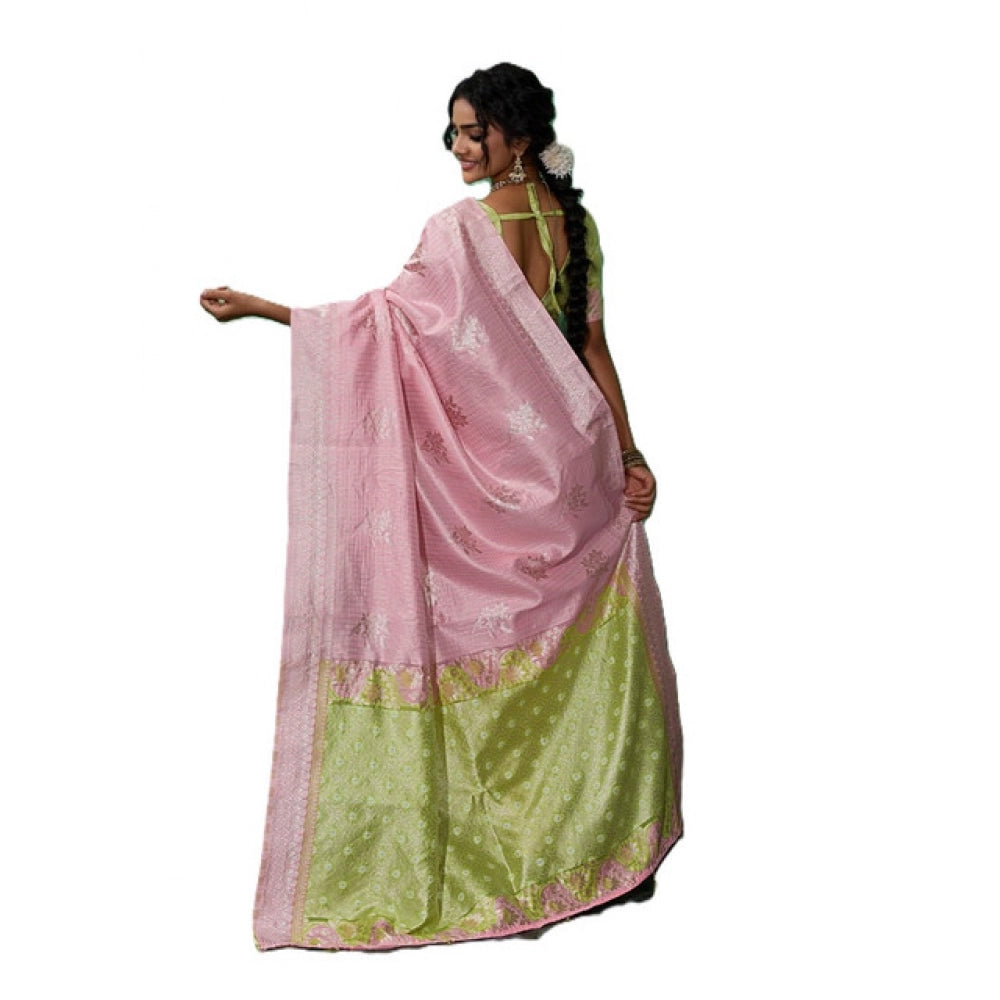 Women's Linen Cotton Printed Saree With Unstitched Blouse 5.5Mtr (Pink)