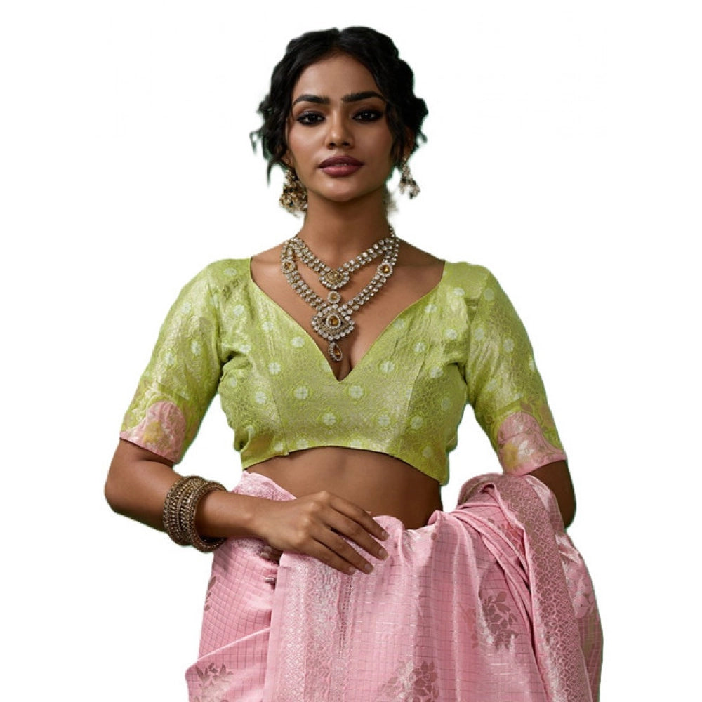 Women's Linen Cotton Printed Saree With Unstitched Blouse 5.5Mtr (Pink)