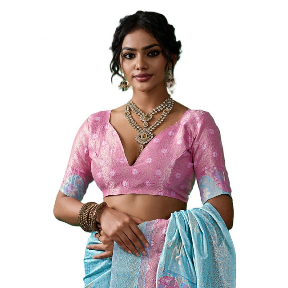 Women's Linen Cotton Printed Saree With Unstitched Blouse 5.5Mtr (Sky Blue)
