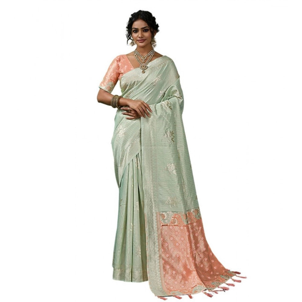 Women's Linen Cotton Printed Saree With Unstitched Blouse 5.5Mtr (Pista Green)