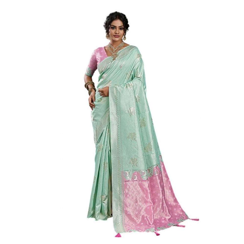 Women's Linen Cotton Printed Saree With Unstitched Blouse 5.5Mtr (Sea Green)