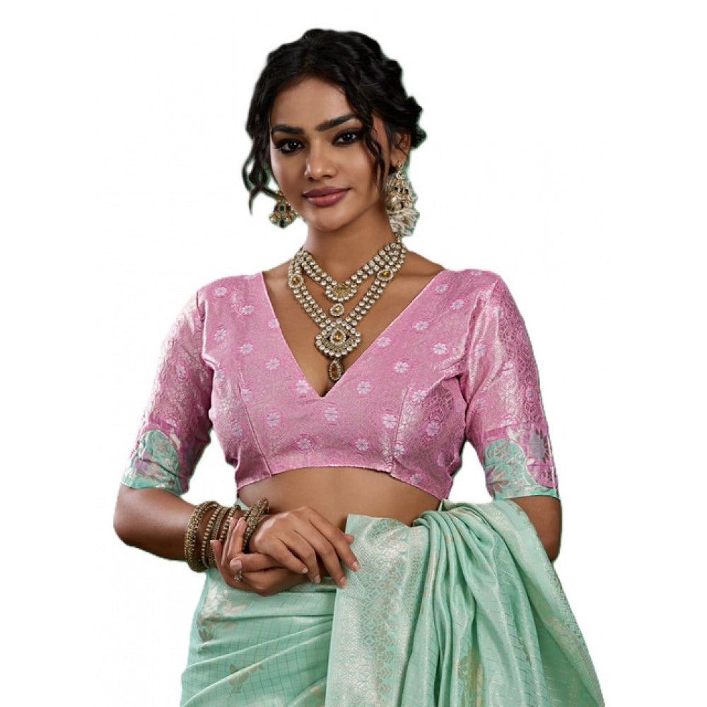 Women's Linen Cotton Printed Saree With Unstitched Blouse 5.5Mtr (Sea Green)