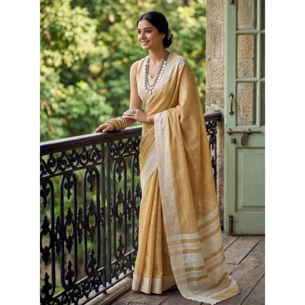 Women's Linen Striped Saree With Unstitched Blouse 5.5Mtr (Mustard Yellow)