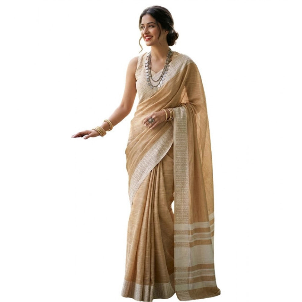 Women's Linen Striped Saree With Unstitched Blouse 5.5Mtr (Mustard Yellow)