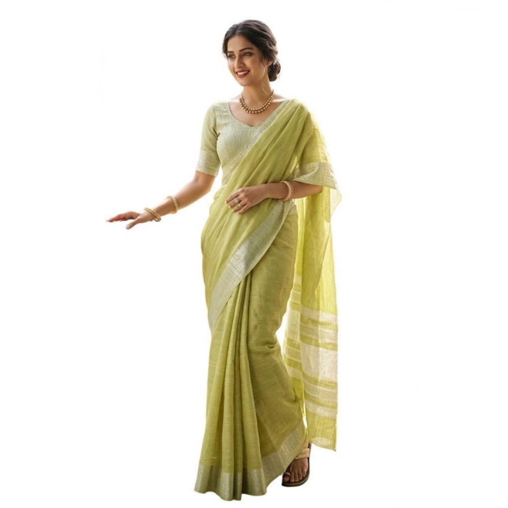 Women's Linen Striped Saree With Unstitched Blouse 5.5Mtr (Light Green)