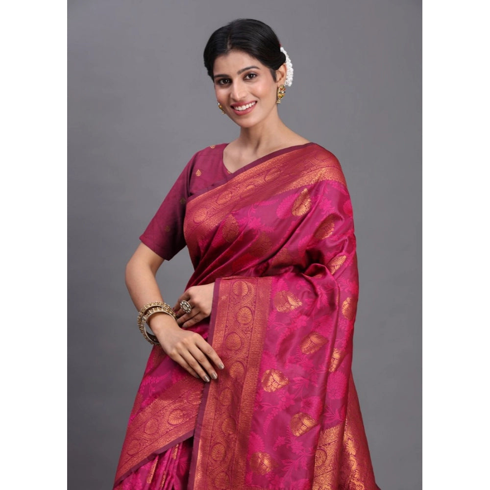 Women's Silk Printed Saree With Unstitched Blouse 5.5Mtr (Magenta)
