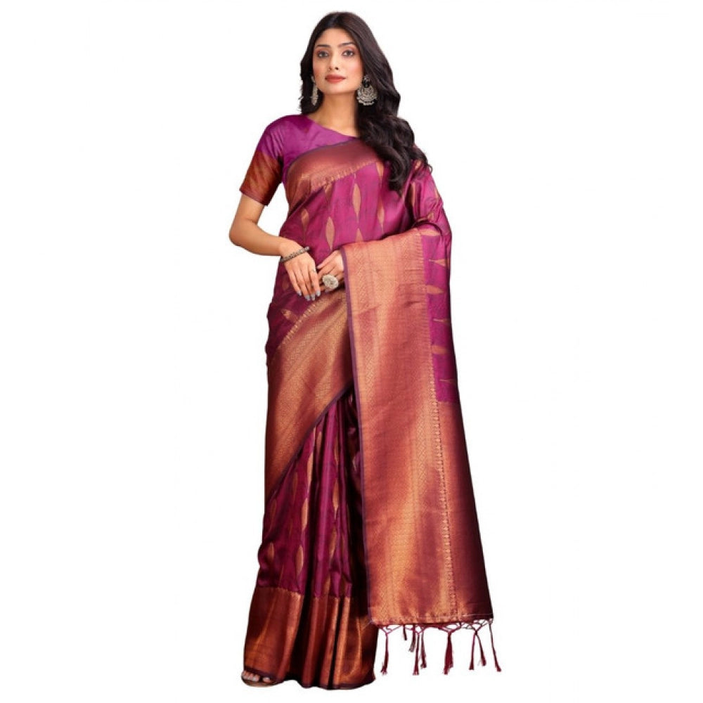 Women's Banarasi Silk Printed Saree With Unstitched Blouse 5.5Mtr (Purple)