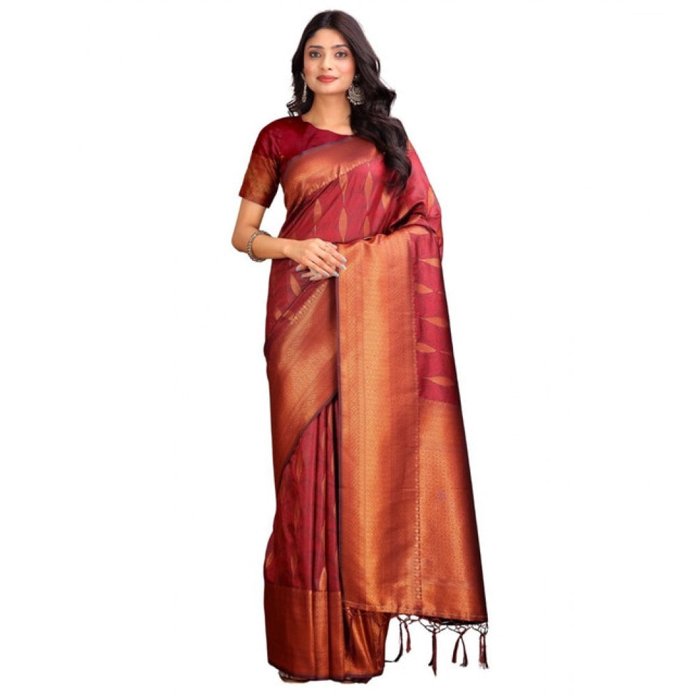 Women's Banarasi Silk Printed Saree With Unstitched Blouse 5.5Mtr (Maroon)