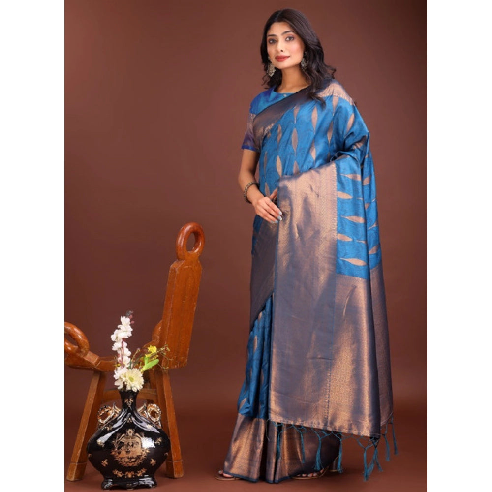 Women's Banarasi Silk Printed Saree With Unstitched Blouse 5.5Mtr (Royal Blue)