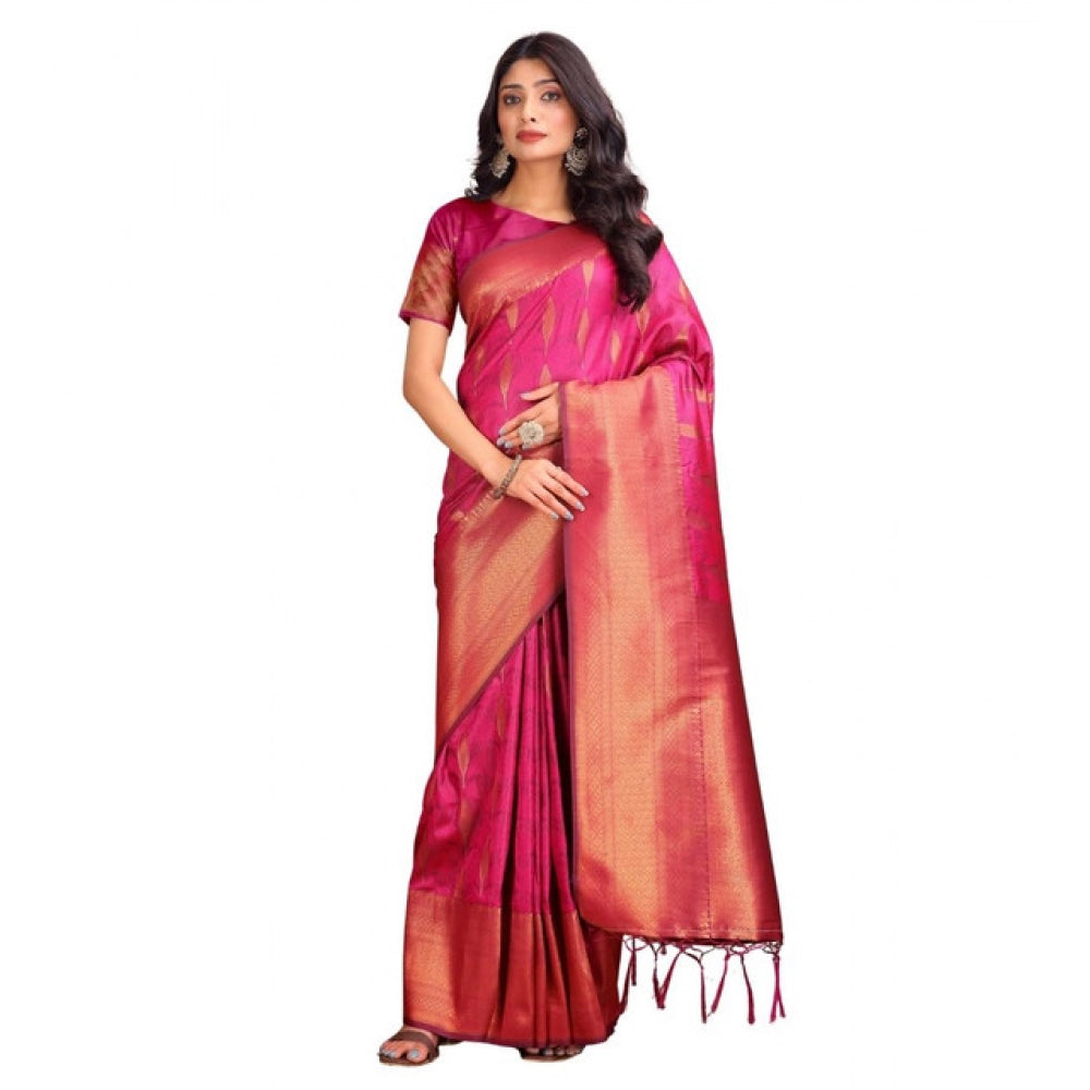 Women's Banarasi Silk Printed Saree With Unstitched Blouse 5.5Mtr (Magenta)