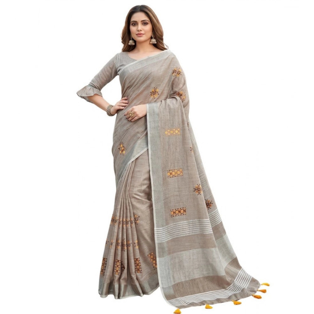 Women's Linen Embroidered Saree With Unstitched Blouse 5.5Mtr (Light Beige)