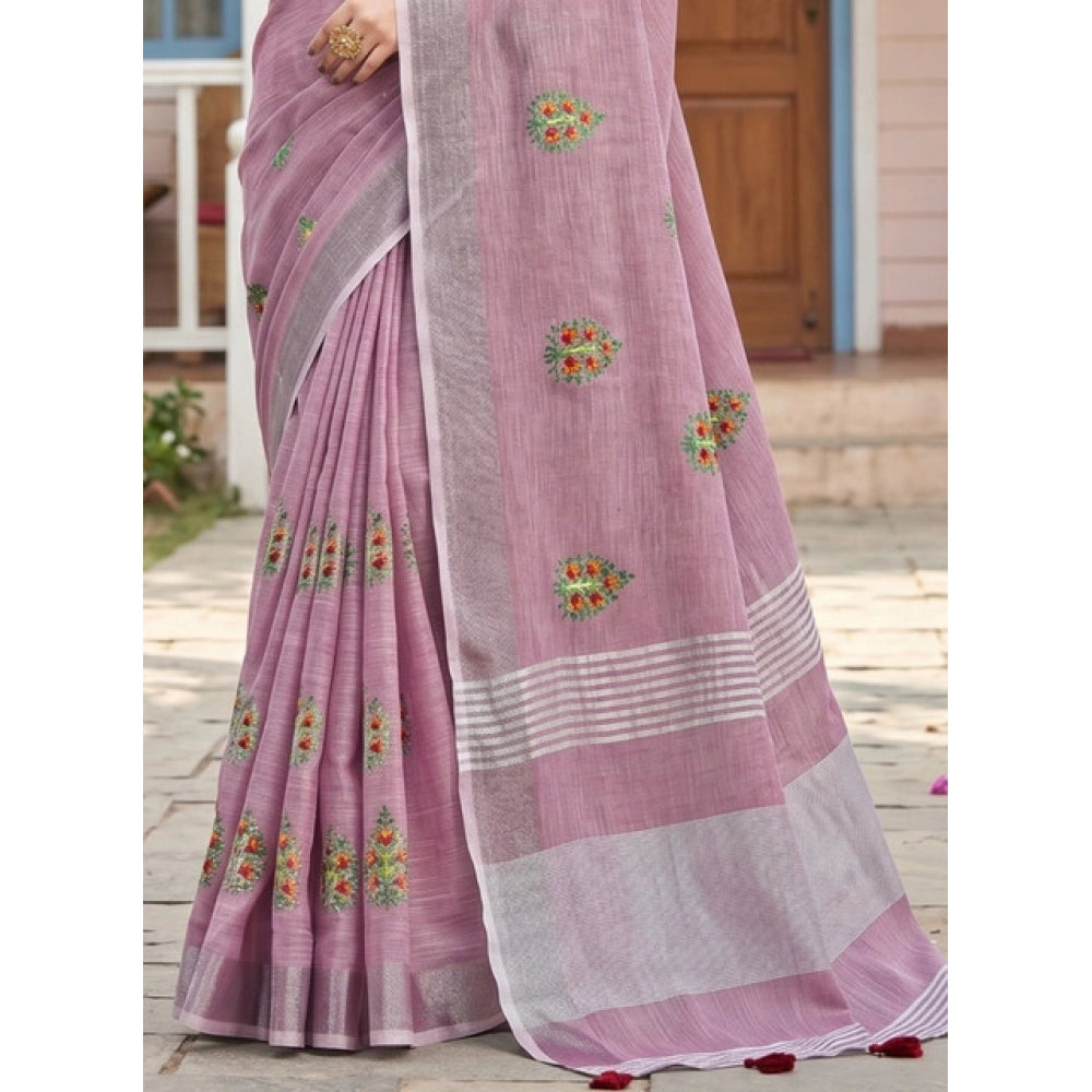 Women's Linen Embroidered Saree With Unstitched Blouse 5.5Mtr (Light Purple)