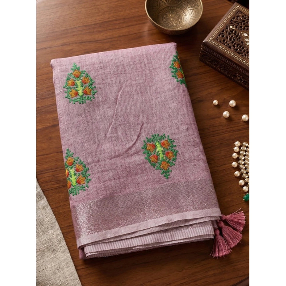 Women's Linen Embroidered Saree With Unstitched Blouse 5.5Mtr (Light Purple)