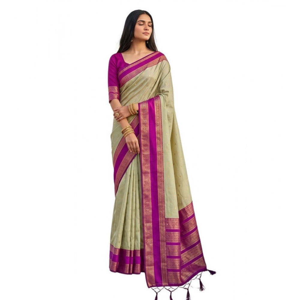Women's Silk Blend Printed Saree With Unstitched Blouse 5.5Mtr (Light Green-Pink)
