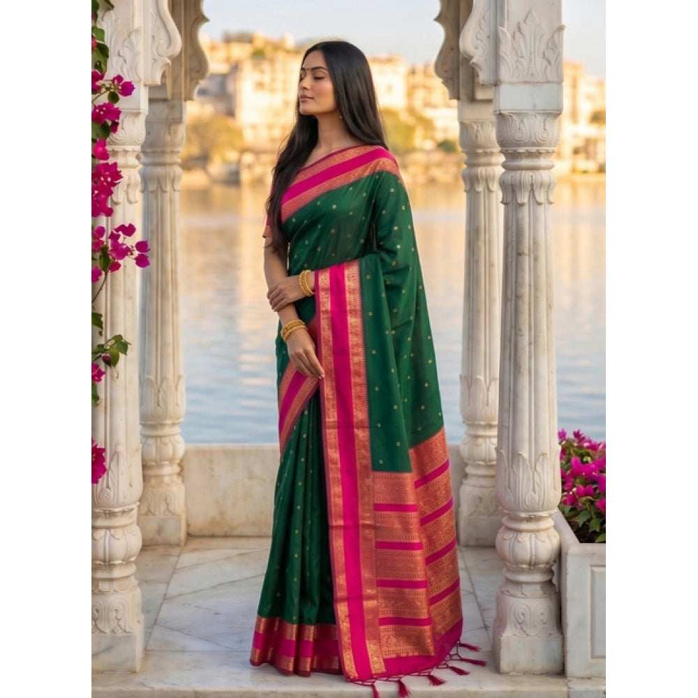 Women's Silk Blend Printed Saree With Unstitched Blouse 5.5Mtr (Dark Green-Pink)